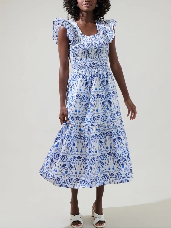 Sugarlips Dresses & Skirts - Sugar Lips Marisol Floral Giza Glare Smock Tiered Midi Dress Blue White NWT S